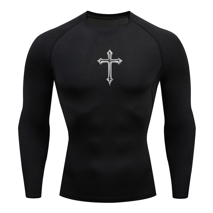 Black long sleeve Christian workout shirt for men with white cross design on chest