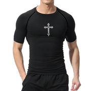Black Christian workout shirt for men with a silver cross design on the chest by Fresh Faith Designs