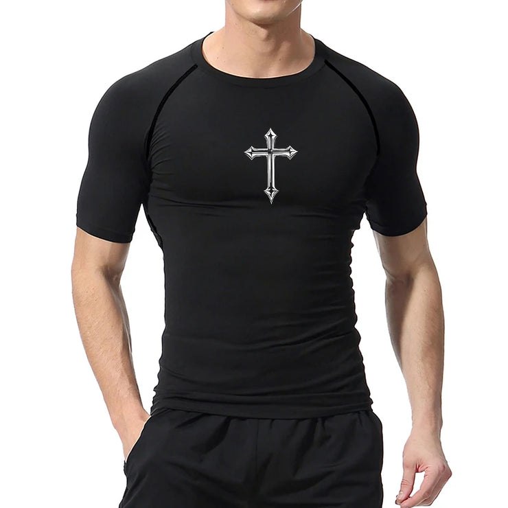 Black Christian workout shirt for men with a silver cross design on the chest by Fresh Faith Designs