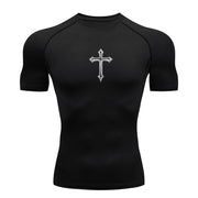 Black Christian workout shirt for men with short sleeves and a white cross design on the chest