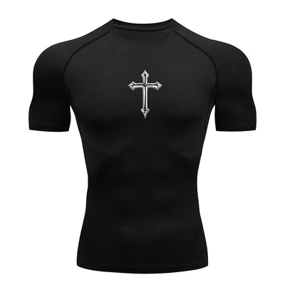 Black Christian workout shirt for men with short sleeves and a white cross design on the chest