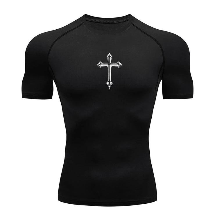 Black Christian workout shirt for men with short sleeves and a white cross design on the chest