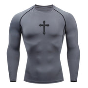 Gray long sleeve Christian workout shirt for men with black cross design on chest