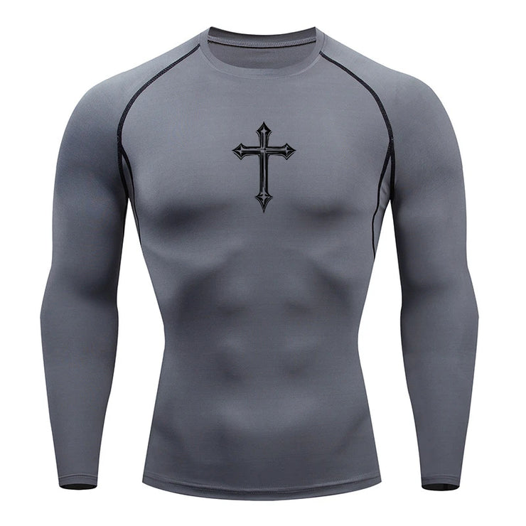 Gray long sleeve Christian workout shirt for men with black cross design on chest