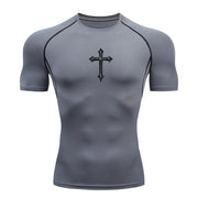 Gray Christian workout shirt for men with black cross design and short sleeves by Fresh Faith Designs