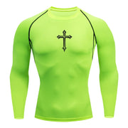 Fresh Faith Designs bright green Christian workout shirt for men with long sleeves and black cross design