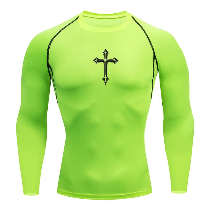 Fresh Faith Designs bright green Christian workout shirt for men with long sleeves and black cross design