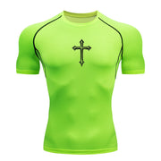 Bright green Christian workout shirt for men with black cross design and black seam detailing