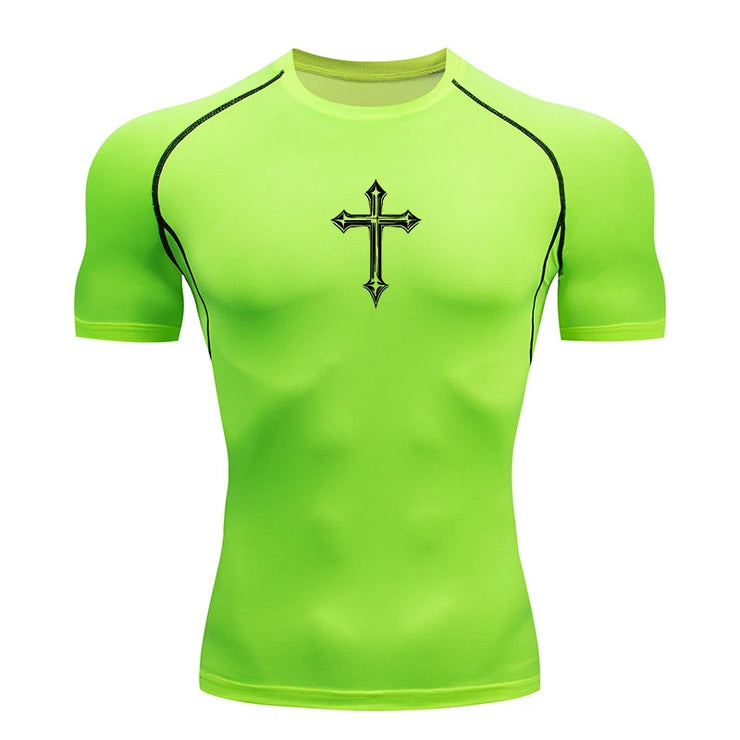 Bright green Christian workout shirt for men with black cross design and black seam detailing
