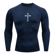 Navy blue Christian workout shirt for men with long sleeves and a white cross design on the chest