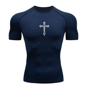 Navy blue Christian workout shirt for men with white cross design on chest by Fresh Faith Designs