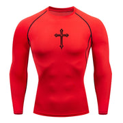 Red long sleeve Christian workout shirt for men with black cross design and black seam accents