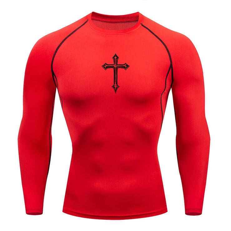 Red long sleeve Christian workout shirt for men with black cross design and black seam accents