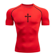 Red Christian workout shirt for men with black cross design and black stitching details