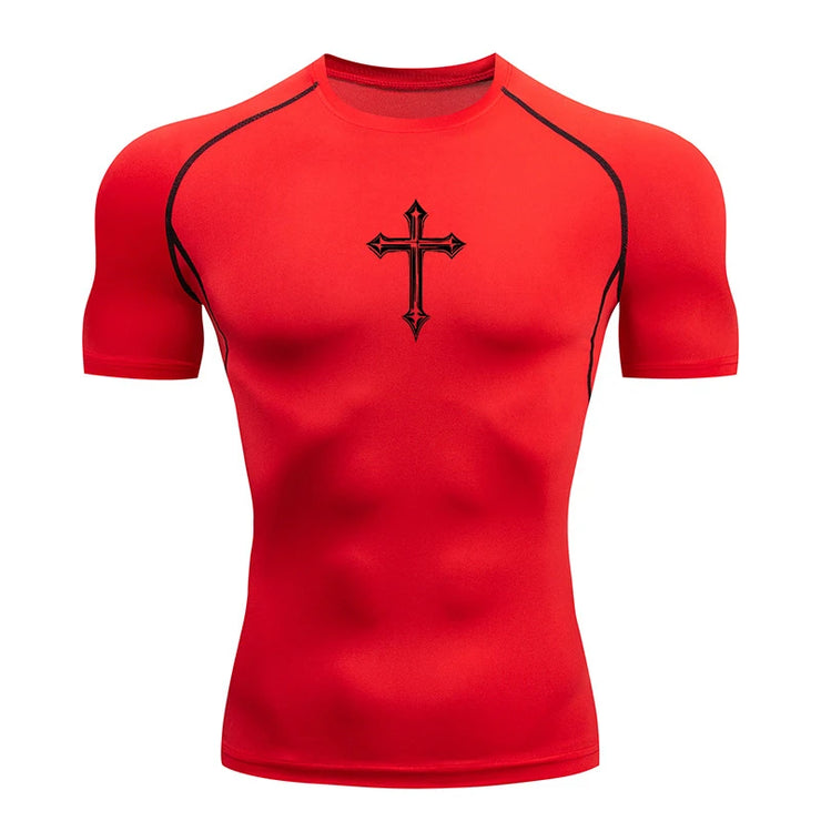 Red Christian workout shirt for men with black cross design and black stitching details