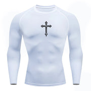 White long sleeve Christian workout shirt for men with black cross design on chest