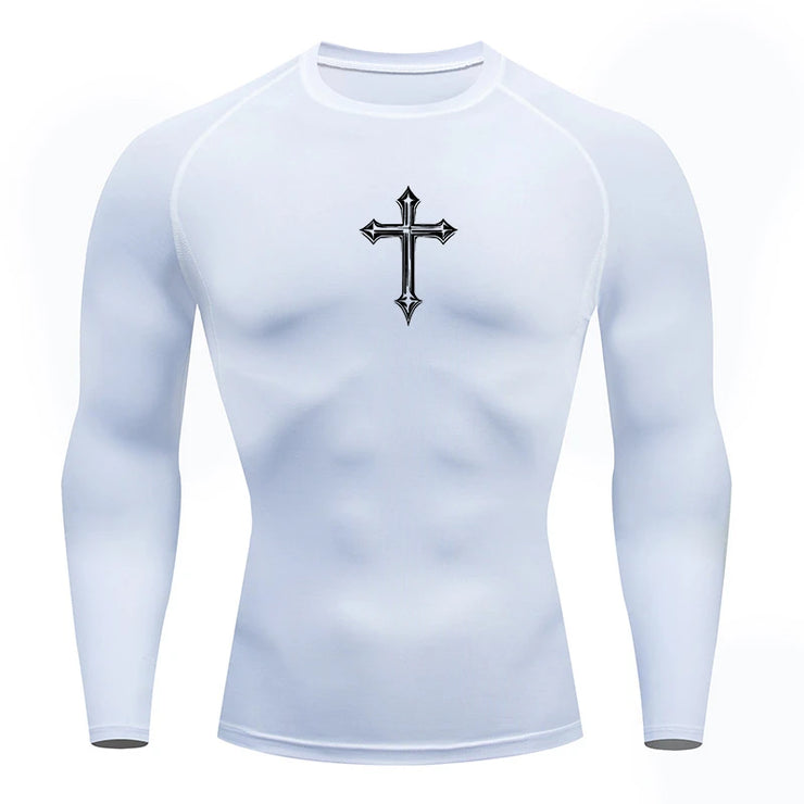 White long sleeve Christian workout shirt for men with black cross design on chest