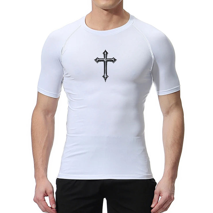 White Christian workout shirt for men with black cross design on chest and short sleeves