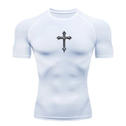White Christian workout shirt for men with black cross design on chest by Fresh Faith Designs