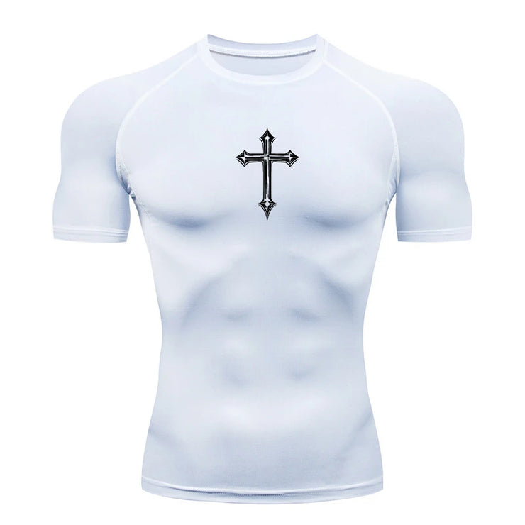 White Christian workout shirt for men with black cross design on chest by Fresh Faith Designs