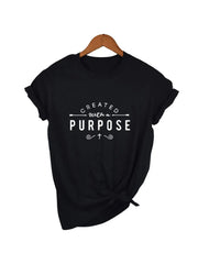 Black Created with a Purpose shirt from Fresh Faith Designs with white inspirational text and small cross