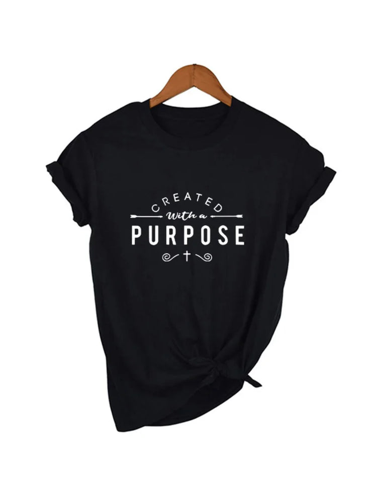 Black Created with a Purpose shirt by Fresh Faith Designs with white inspirational text and cross graphic