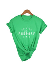 Green Created with a Purpose shirt from Fresh Faith Designs with white text and cross graphic