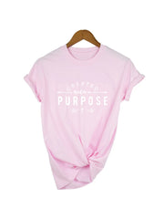 Pink Created with a Purpose shirt by Fresh Faith Designs with white motivational text and knot detail
