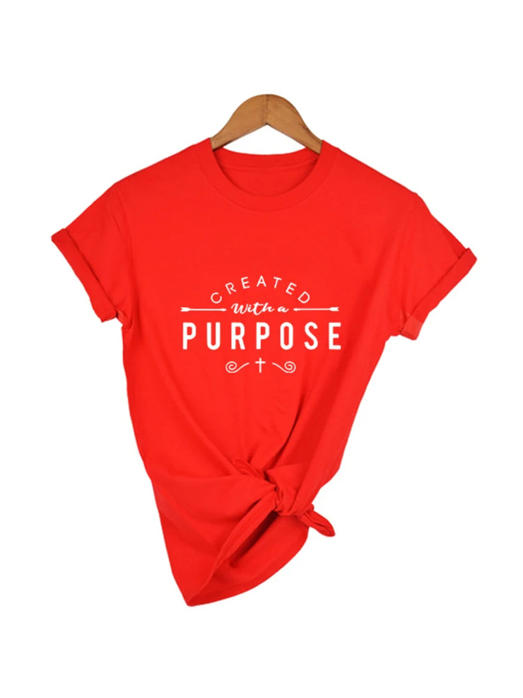 Red Created with a Purpose shirt by Fresh Faith Designs with white text and front knot detail