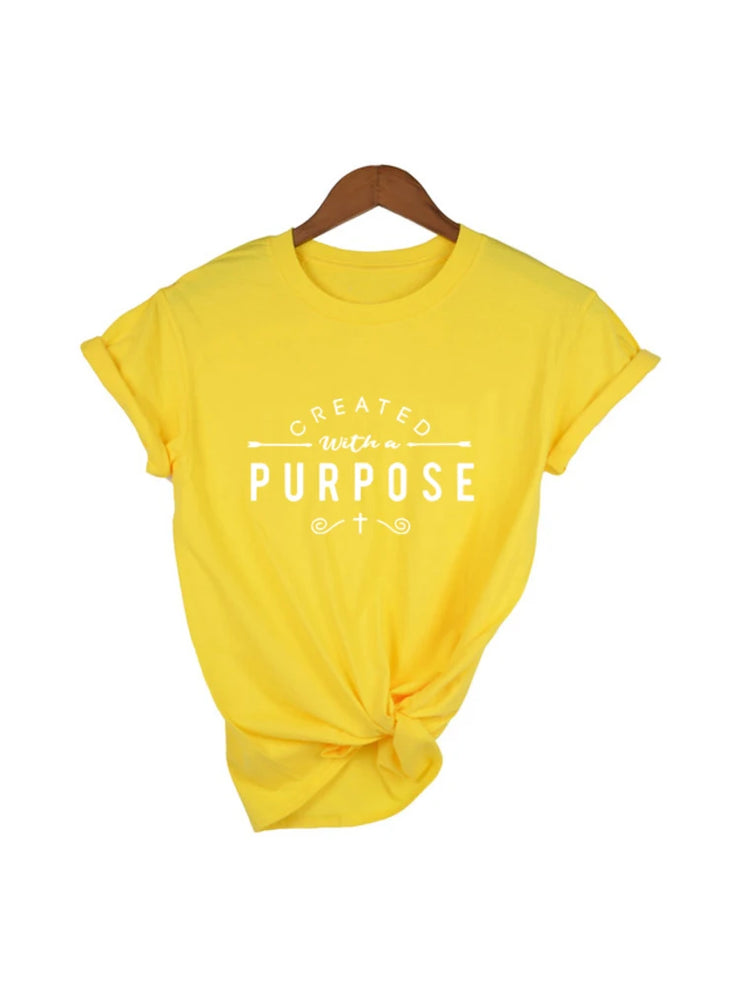 Yellow Created with a Purpose shirt from Fresh Faith Designs with knotted front and rolled sleeves