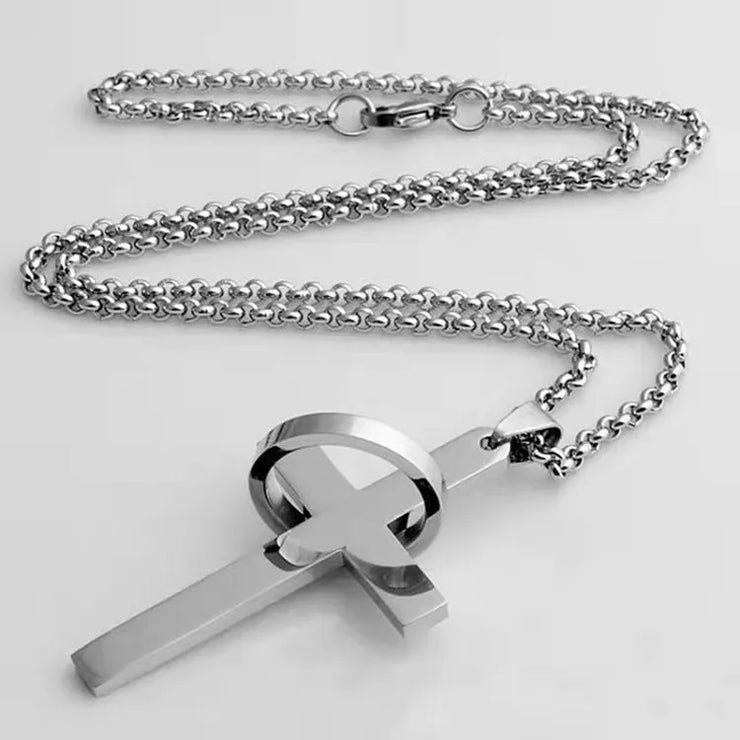 Silver cross pendant necklace with ring detail on a chain faith jewelry for adults