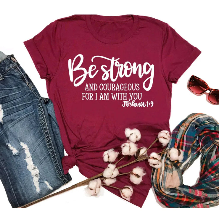 Maroon Be Strong and Courageous t-shirt by Fresh Faith Designs featuring faith based apparel with Bible verse Joshua 1:9