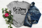 Gray Be Strong faith based apparel t-shirt with inspirational Joshua 1:9 Bible verse and denim jacket