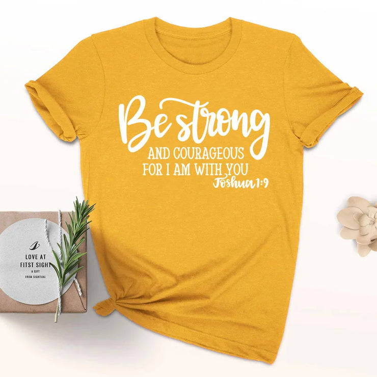 Fresh Faith Designs mustard yellow t-shirt with Be Strong scripture design faith based apparel