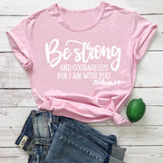 Pink faith based apparel t-shirt with Be Strong and Courageous Bible verse Joshua 1:9 design