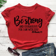Red Be Strong Faith Based Apparel T-shirt with Joshua 1:9 Bible verse design