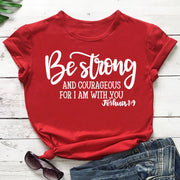 Red Be Strong faith based apparel t-shirt with Joshua 1:9 scripture design from Fresh Faith Designs