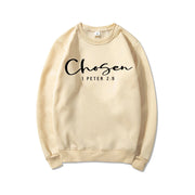 Beige sweatshirt with Chosen 1 Peter 2:9 scripture print faith based apparel by Fresh Faith Designs