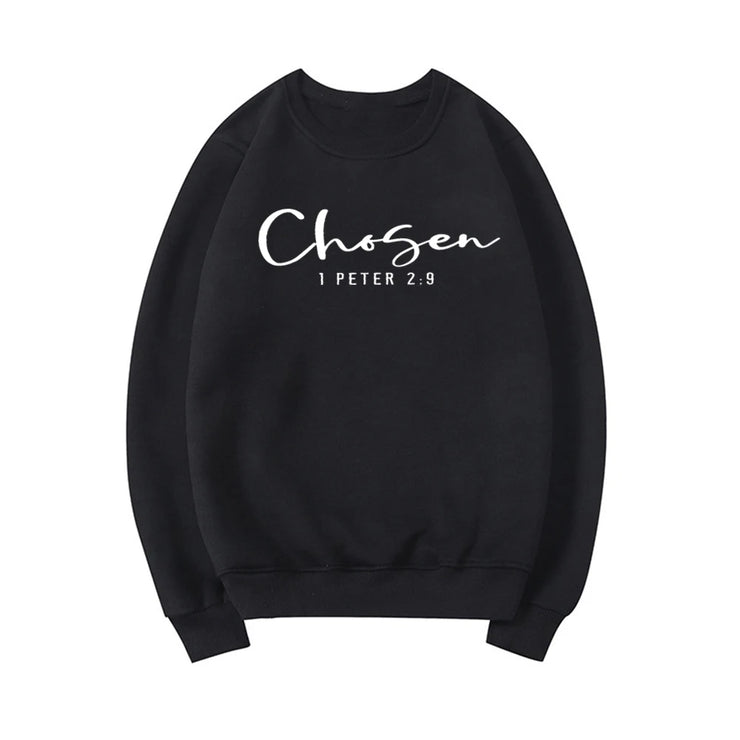 Black crewneck sweatshirt with Chosen 1 Peter 2 9 design faith based apparel from Fresh Faith Designs