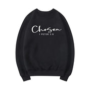 Black crewneck sweatshirt with Chosen 1 Peter 2:9 scripture design faith based apparel