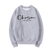 Gray sweatshirt with Chosen 1 Peter 2:9 scripture design faith based apparel