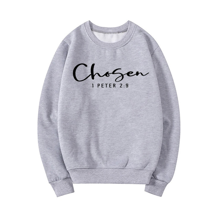 Gray sweatshirt with Chosen 1 Peter 2:9 scripture design faith based apparel
