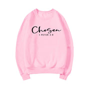 Pink Chosen sweatshirt with 1 Peter 2 9 scripture text faith based apparel by Fresh Faith Designs