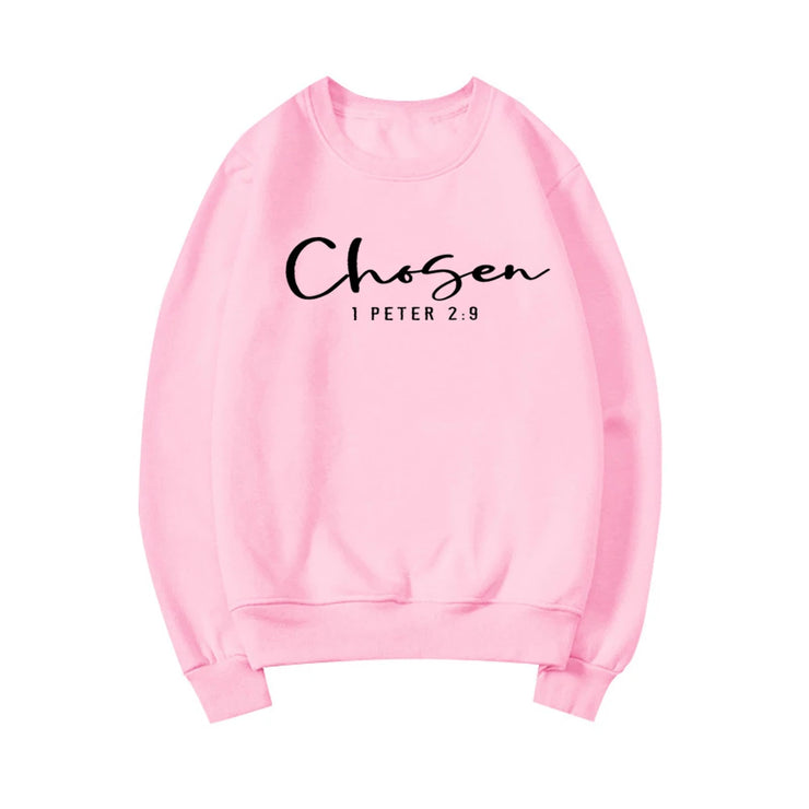 Pink Chosen sweatshirt with 1 Peter 2 9 scripture text faith based apparel by Fresh Faith Designs