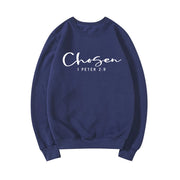 Navy blue sweatshirt with Chosen 1 Peter 2 9 scripture design faith based apparel from Fresh Faith Designs