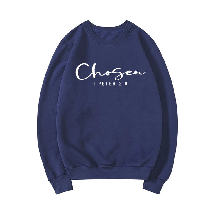 Navy blue sweatshirt with Chosen 1 Peter 2 9 scripture design faith based apparel from Fresh Faith Designs