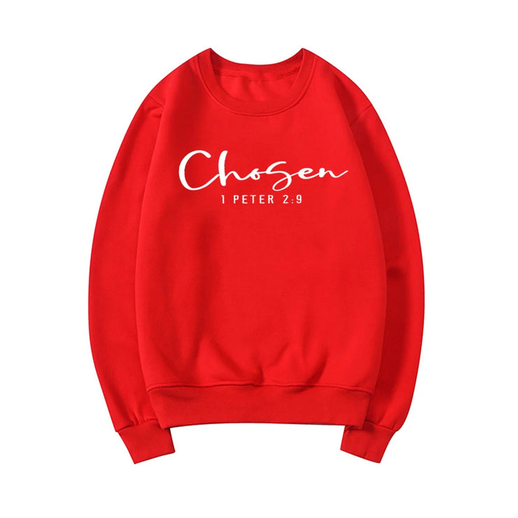 Red crewneck sweatshirt with Chosen 1 Peter 2 9 text faith based apparel from Fresh Faith Designs