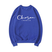 Blue sweatshirt with white Chosen 1 Peter 2 9 text faith based apparel by Fresh Faith Designs