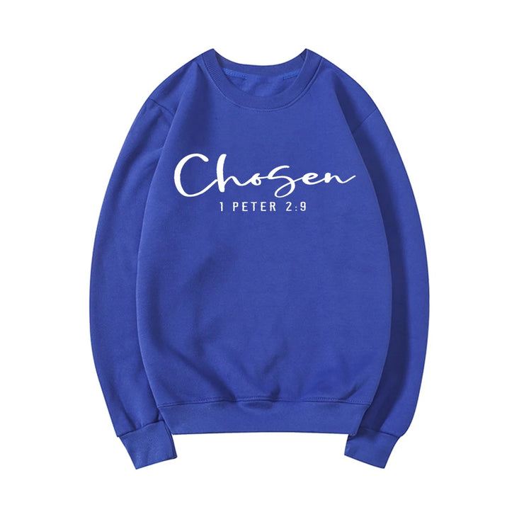 Blue sweatshirt with white Chosen 1 Peter 2 9 text faith based apparel by Fresh Faith Designs