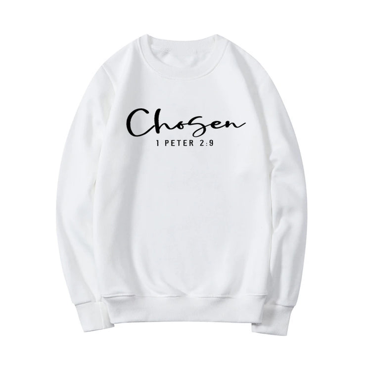 White sweatshirt with black Chosen 1 Peter 2 9 text faith based apparel by Fresh Faith Designs